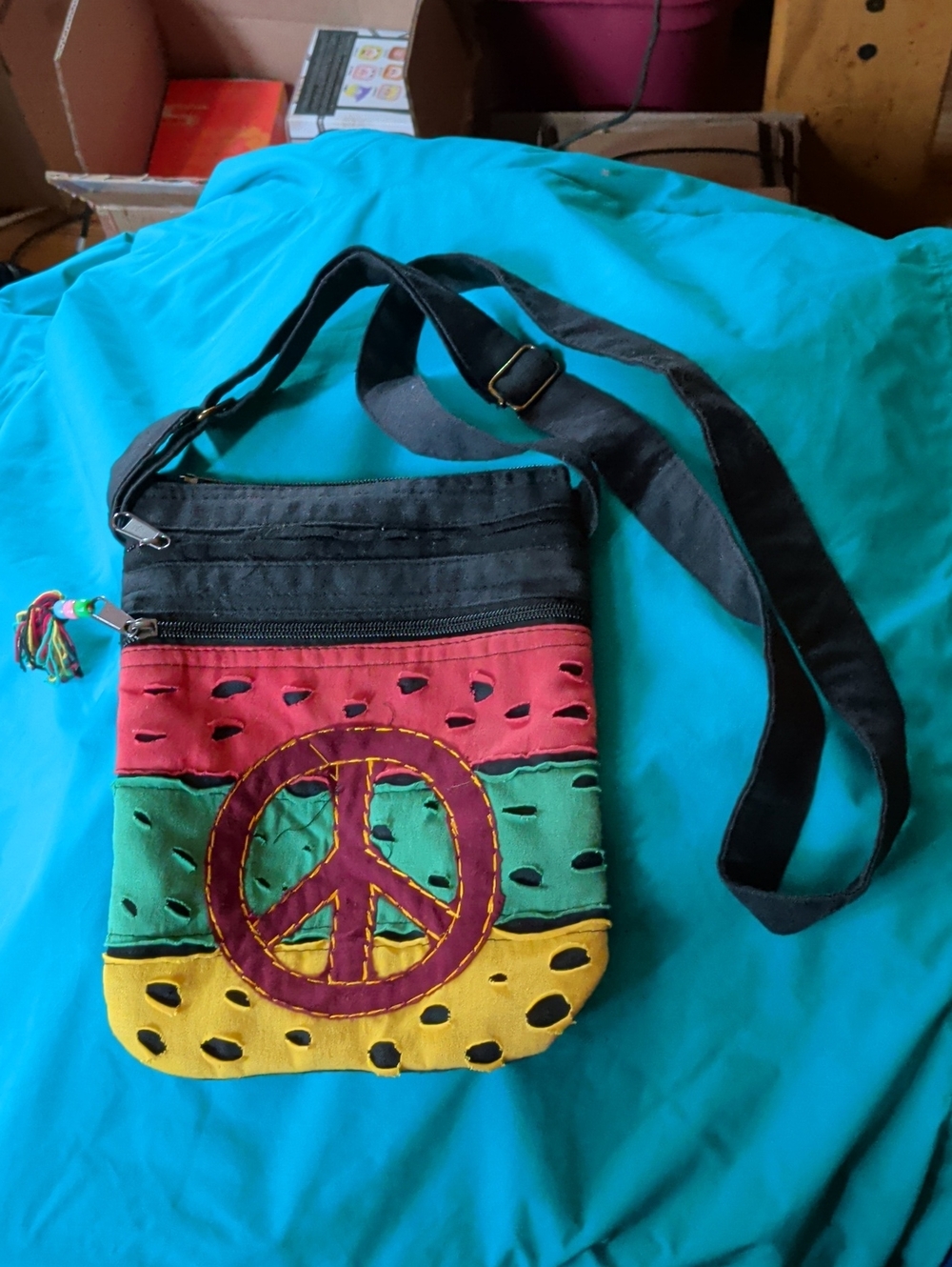 India Boutique Red Green Yellow Peace Sign Colorblock Crossbody Bag
